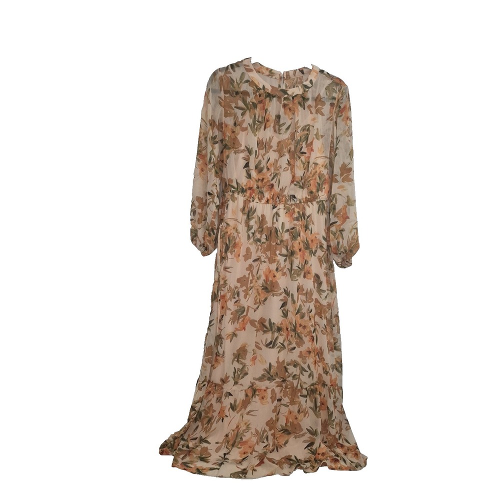 Maggie London Dress Womens 4 Peach Floral Lined Tiered Long Sleeve Maxi Cottage